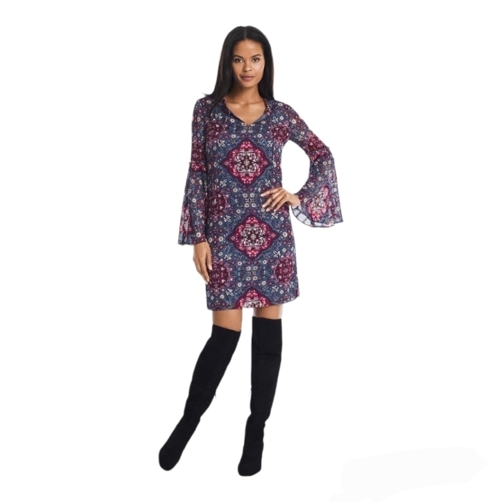 White house black market BELL Sleeve medallion printed shift dress Bohemian Boho